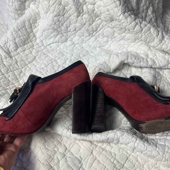 Tory Burch Red Black Suede Leather Tassel Chunky Square Toe Heels Size 7 - Picture 9 of 10
